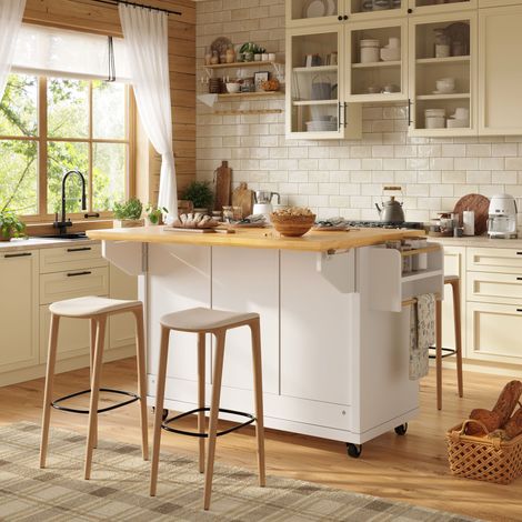Îlot de cuisine blanc/noir, buffet de rangement 120x73x93 cm, table roulante extensible avec porte-serviettes et support épices, étagères ajustables, 2 portes, 5 tiroirs, meuble dessert sur roulettes (1/5)