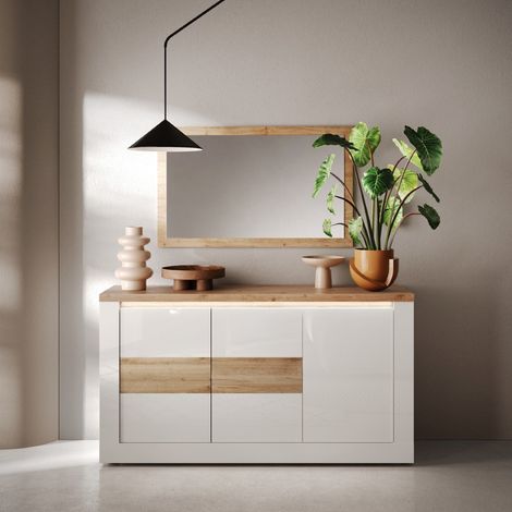 Buffet moderne 3 portes laqué blanc et bois 160cm ARIA (1/5)