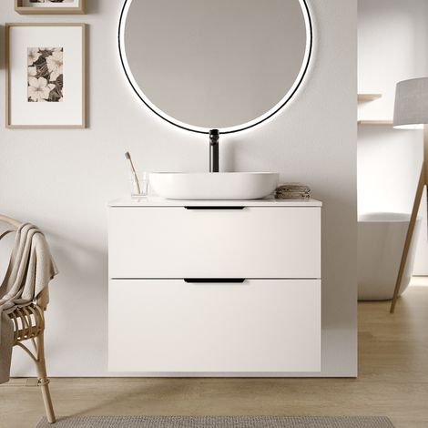 BERNSTEIN - Mueble lavabo suspendido MDF blanco brillo 80x46x62cm, encimera de lavabo blanco mate + tirador negro mate - TIM80 blanco brillante, Negro mate, blanco mate