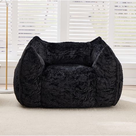 Fauteuil poire grand format en fausse fourrure noire, rembourré de mousse déchiquetée haute densité, dossier ergonomique, siège cocooning pour salon ou chambre – CHICFURN (1/5)