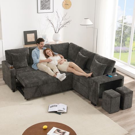 Canapé modulaire d'angle en L 5 places avec fonction couchage et espace de rangement,Canapé lit convertible avec port USB et Type-C,porte-gobele(Gris) (1/5)