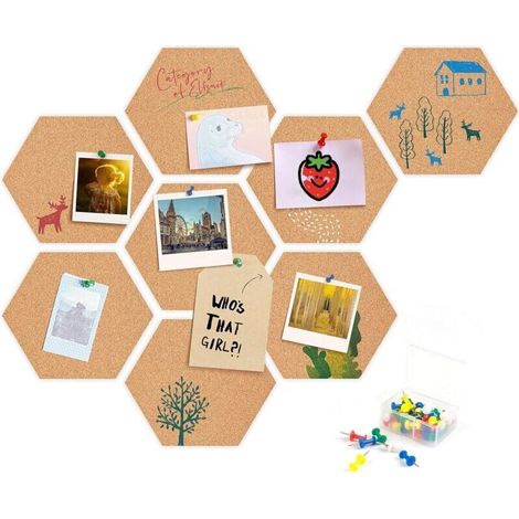 Tableau en liège, 8 tableaux d'affichage en liège autocollant Tableau en liège hexagonal avec punaises - pour accrocher des tableaux, décorations murales (1/5)