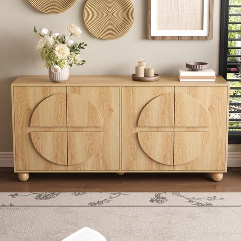 Credenza 4 ante - 160 x 38 x 76 cm - mobiletto per soggiorno ingresso corridoio con ripiani regolabili stile wabi-sabi in mdf e legno di pino piedini a sfera - naturale