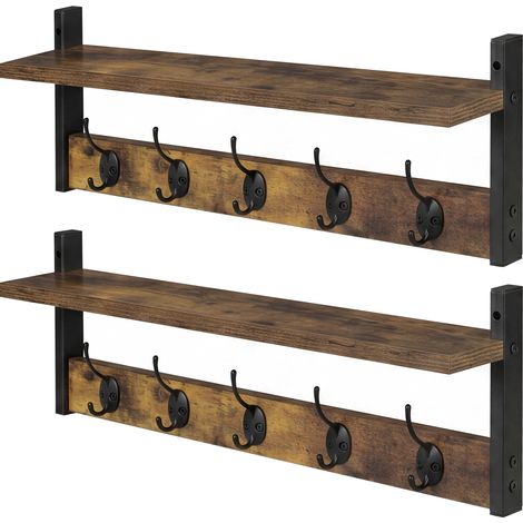 Levede Coat Rack Wall Mounted Wooden Hooks Hangers Storage Shelf 2 Pack Brown (1/5)
