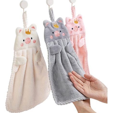 Lot de 3 serviettes suspendues à motifs de cochon mignon avec couronne, douces et absorbantes, idéales pour la cuisine, la salle de bain et la décoration de la maison au quotidien. (1/5)