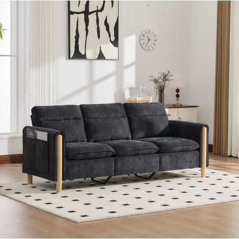 Canapé d'angle 201x77x86 cm noir en chenille avec méridienne réversible, pouf coffre et poches latérales (1/5)