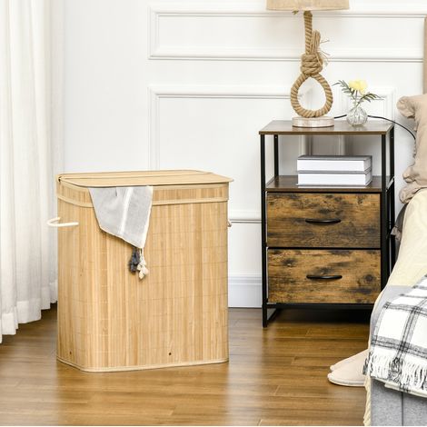 Panier à linge en bambou coloris bois naturel 90 L avec couvercle, 2 compartiments et sac intérieur amovible (1/5)