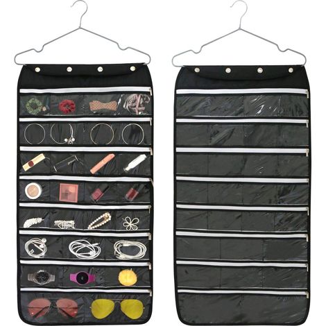 Organisateur Bijoux Suspension - 56 Poches Zippées Double Face - Tissu Oxford et PVC - Noir - 84 x 43 cm - 1 Pièce (1/5)