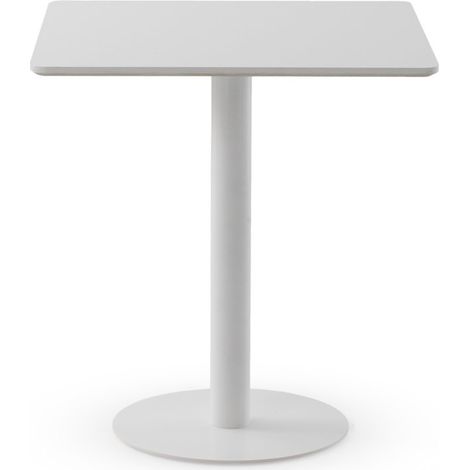 Table en mélamine blanche 70x70 cm, piètement central en métal blanc (1/4)