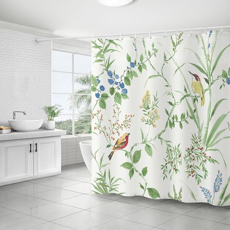 Rideau de douche 183x183cm, motif plantes et oiseaux – polyester résistant à l'eau et anti-moisissure, 12 crochets inclus (1/5)