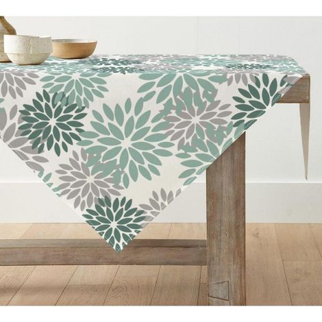 Nappe 100x100 cm Motif Fleurs Vert Eau Polyester pour Cuisine & Fête