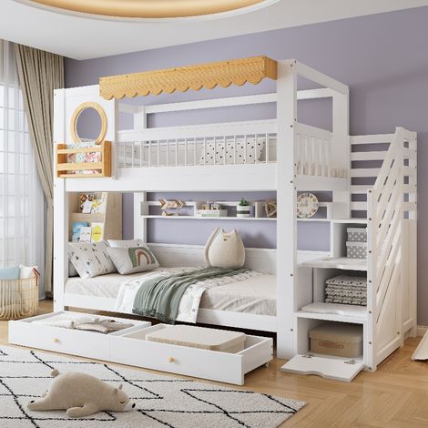 Etagenbett Kinderbett 90x200 cm mit Treppenschrank und 2 Rollschubladen, stabiles Hochbett aus Kiefer Holz mit Regalen, Weiß Natur (1/5)