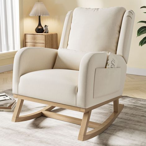 Fauteuil à Bascule - avec Dossier Haut - Support Lombaire, Poches Latérales et Piétement en Bois Massif - en Lin et Coton Beige (1/5)