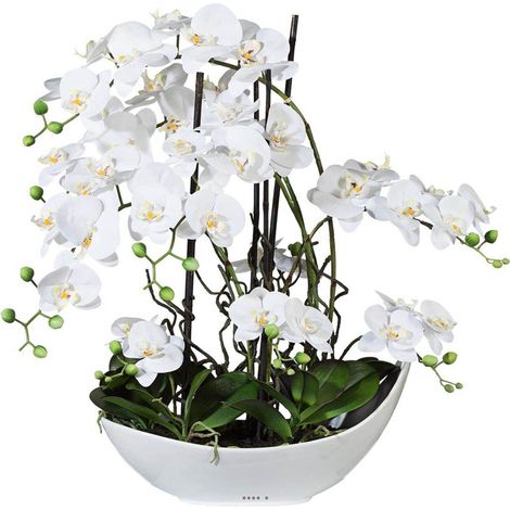 Orchidée factice 9 hampes en coupe céramique blanche, H70cm magistrale