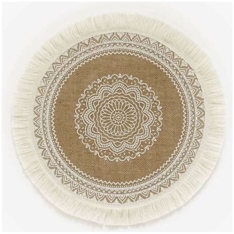 Lot de 4 sets de table ronds imprimés bohèmes – Sets de table en jute avec pompons de 38,1 cm pour décoration de table de salle à manger (1/5)