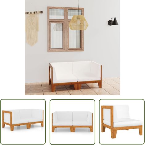 The Living Store Canapé 2 places avec coussins blanc crème Bois d'acacia massif - Canapé Jardin - Mobilier De Jardin - Salon De Jardin - Acacia Massif - Canapé Deux Places (1/5)