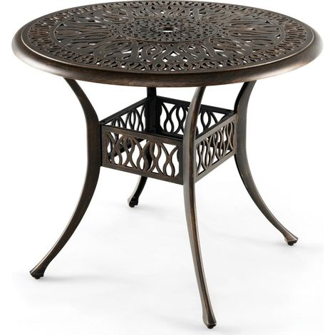 Tavolo da pranzo rotondo da patio tavolo da bistrot in alluminio pressofuso con foro per ombrellone 90 x 74 cm marrone