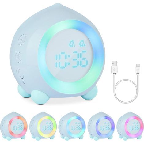 Reveil Veilleuse Enfant, Réveil Enfant Lumineux LED Fille Garcons Numerique Lampe Réveil Veilleuse Volume Réglable Snooze Réveil en USB Charge avec ble Alarme, éclairage d'ambiance(Bleu) (1/5)