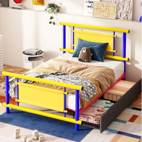 Cama infantil de metal azul 90x200 cm con cajones integrados, somier de láminas y diseño compacto