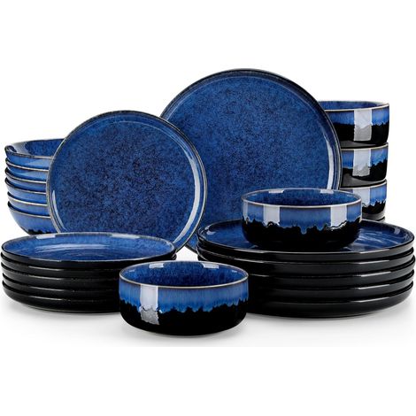 Service de Table 24 Pièces en Grès, Service Vaisselle 6 Personnes, avec 6 Assiettes Plates, 6 Assiettes à Dessert, 6 Bols à pâtes et 6 Bols à Céréales, Bleu à Émail Réactif (1/5)