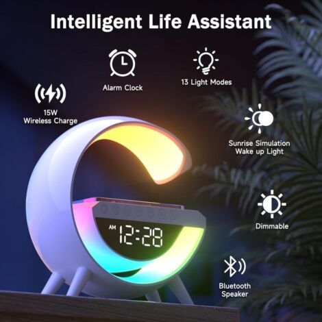 15W Chargeur sans fil Lampe Led Réveil Lampe d'ambiance Lampe de table intelligente avec haut-parleur Bluetooth Feux de course éblouissants 13 Modes Lumières pour bureau Chambre Cadeau (1/3)