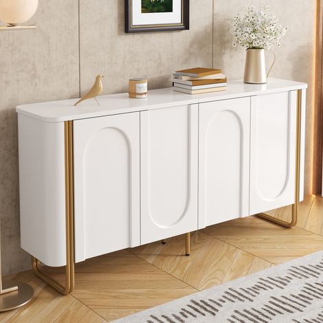 Aparador 160 cm, 4 puertas push-to-open con relieve arqueado y bordes redondeados, diseño moderno para salón y comedor, blanco y dorado (1/5)