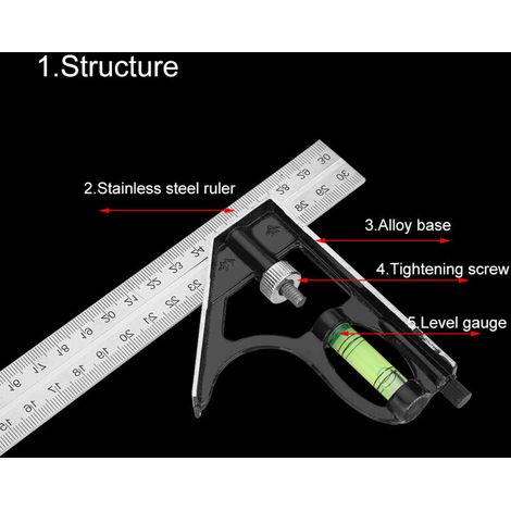 Équerre de Mesure Ingénieur 300mm, Règle d'Angle Droit Ajustable en Métal 12 Pouces, Outil de Précision (1/4)