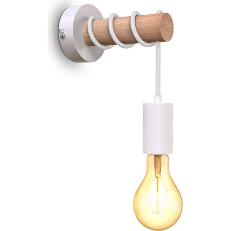 Wall light in retro industrial design, wood and metal, E27 socket, for LED bulbs up to max. 10 W, white (1/5)