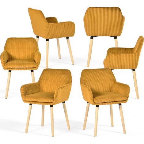 Meuble Cosy Chaises de Salle à Manger Scandinave Lot de 6, Fauteuil Rembourrée en Velours Côtelé, Pieds en Bois, pour Cuisine Salon Chambre, Jaune (1/5)