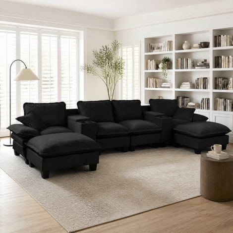 Modulares U-Sofa mit Stauraum, USB und 2 Ottomanen, 392 x 151 cm, schwarze Chenille (1/5)