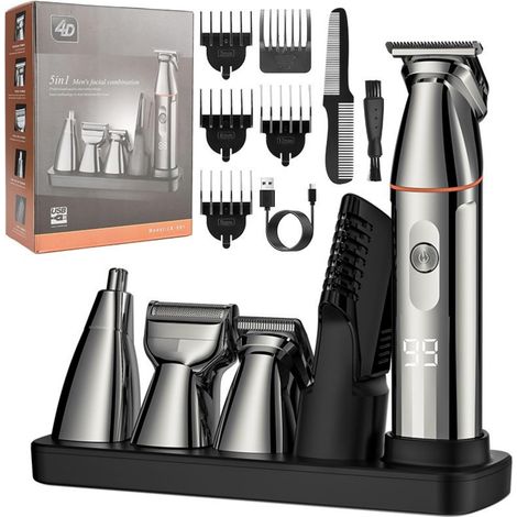 5-in-1 Draadloze Mannen Hairtrimmer Kit, Baardtrimmer, Snortrimmer, Neushaartrimmer, Lichaamstrimmer mit LED-Schimmer (Silber)