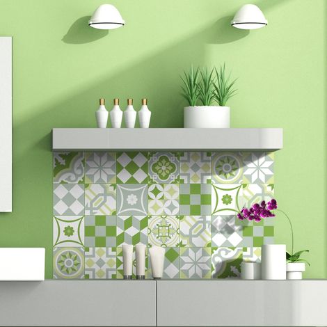 Adhésifs Carrelages Autocollant Ornements Verdoyant Carreaux de Ciment Carrelage Sticker Mural Salle de Bain et Cuisine  24 Pièces de 10 x 10 cm (1/5)