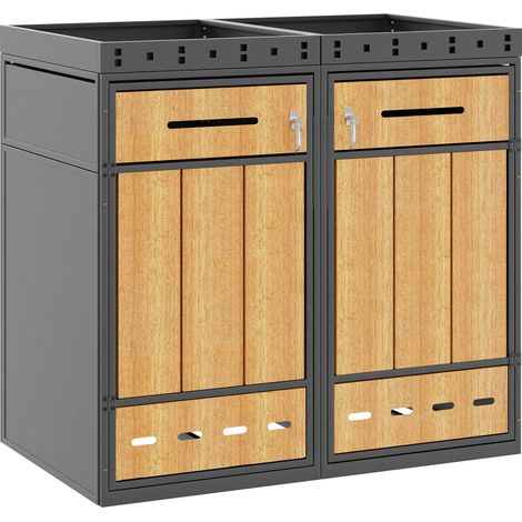 Abfallbehälterbox mit Pflanzdach, Stahl, Holzoptik, Grau, Abschließbar, Belüftet, für 120–240 L Tonnen (1/5)