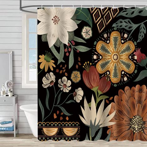 Duschvorhang im Bohemian-Stil mit floralen und botanischen Mustern, modernem abstraktem Bohemian-Stil, tropischen Blumen und Blättern, wasserdichtem Material mit Haken...///