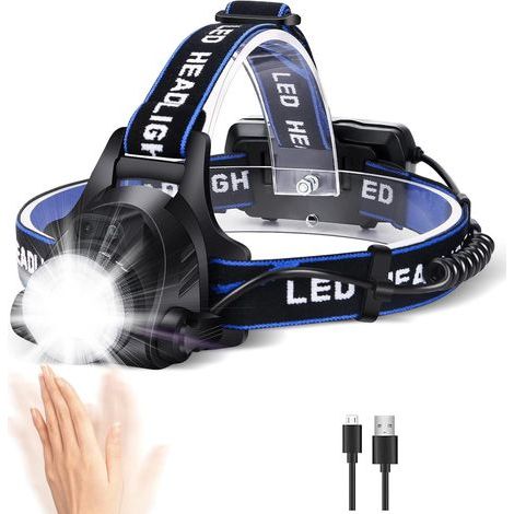 Lampe Frontale LED Puissante Rechargeable Torche Frontale Lampe Phare Orientable 3 Modes LED Frontale avec Câble USB et 2 Piles 18650 pour Peche Vélo Randonnée Course Camping (1/5)