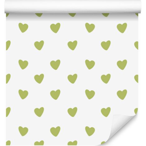 Papier peint à motifs de cœurs, blanc, crème, citron vert et beige, 50 x 1000 cm (1/5)
