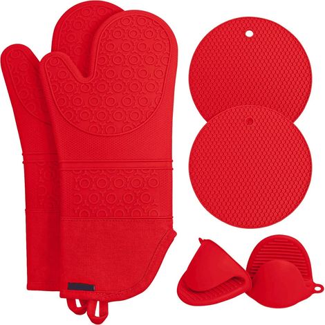Gants de cuisine longs en silicone résistant à la chaleur, avec coussinets chauffants et pinces pour les mains, pour la cuisson et la pâtisserie en cuisine - Rouge