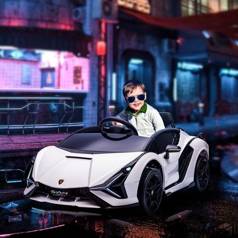 Voiture électrique enfants 12V, 2 moteurs, télécommande 2.4G, klaxon, LED, musique, 3-5 ans, blanc