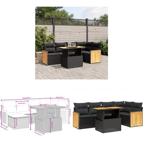 Salon de jardin 6 pcs avec coussins noir résine tressée - Ensemble Salon De Jardin - Mobilier Extérieur - Résine Tressée - Rotin Synthétique - Table Extensible - Home & Living (1/3)