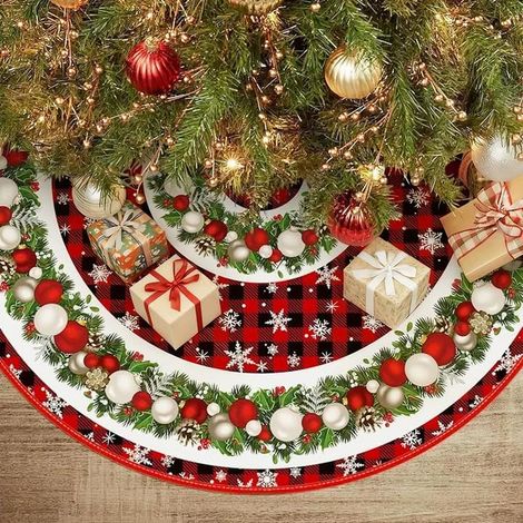CCYKXA 36-Zoll-Weihnachtsbaumdecke, runde Weihnachtsbaumdecke mit Karomuster und roten Girlanden für Neujahr und Winter, und Teppich (1/5)