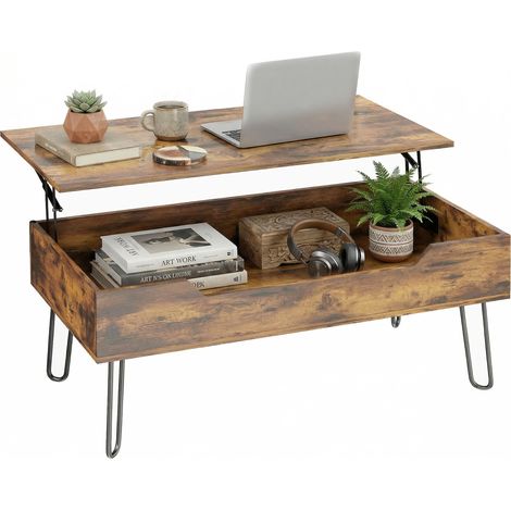 Rechteckiger Couchtisch aus Holz mit großem, verstecktem Stauraum, höhenverstellbar, 95 x 50 x 40 cm, rustikales Braun