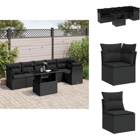Salon de jardin 7 pcs avec coussins noir résine tressée - Ensemble Salon De Jardin - Salon De Jardin Extérieur - Meuble De Jardin - Table De Jardin Extensible - Chaise Longue (1/5)