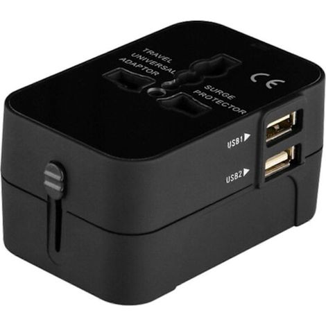 Adaptateur de voyage international universel avec 2 ports USB, convertisseur de chargeur mural, idéal pour les vacances en famille, noir. (1/5)
