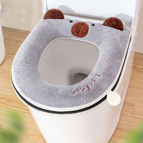 Housse de siège de toilette douce, chaude et rembourrée, coussin de siège de toilette plus épais pour la salle de bain, en tissu fibre extensible et lavable, réutilisable et facile à installer. (1/5)