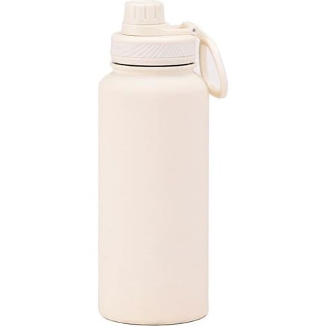 Bouteille d'eau de sport en acier inoxydable 1 L, bouteille isotherme grande capacité, gobelet portable pour l'extérieur avec poignée, blanc ivoire (1/5)