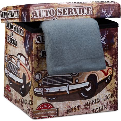 Relaxdays Sitzhocker 38 cm, stabiler Falthocker, trendige Motive, Kunstleder, Aufbewahrungsbox mit Stauraum, Car