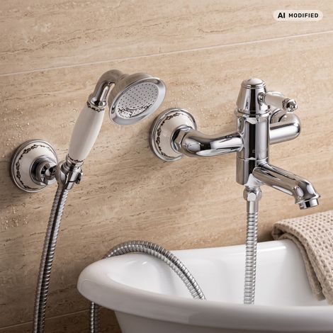 PaulGurkes Robinet de baignoire Retro Nostalgie avec bordure en céramique et inverseur (1/5)