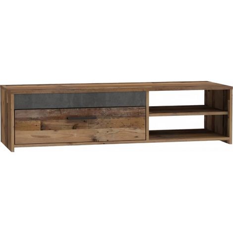 PACO Meuble TV 1 tiroir 2 niches - Décor vieux bois et béton gris foncé - L 120 x P 42,1 x H 31,8 cm (1/3)