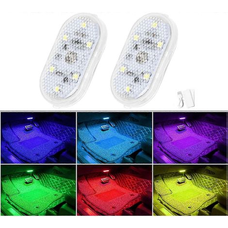 Lot de 2 éclairages LED intérieurs pour voiture, 7 couleurs, avec 6 LED lumineuses, rechargeables par USB (7 couleurs). (1/5)