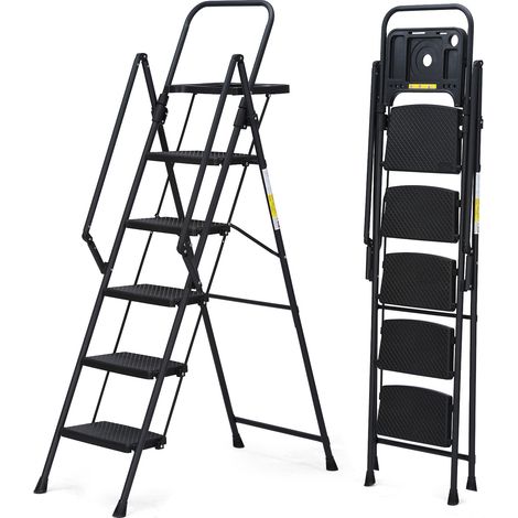 Escalera plegable de 5 peldaños con bandeja portaherramientas, acero negro (1/4)